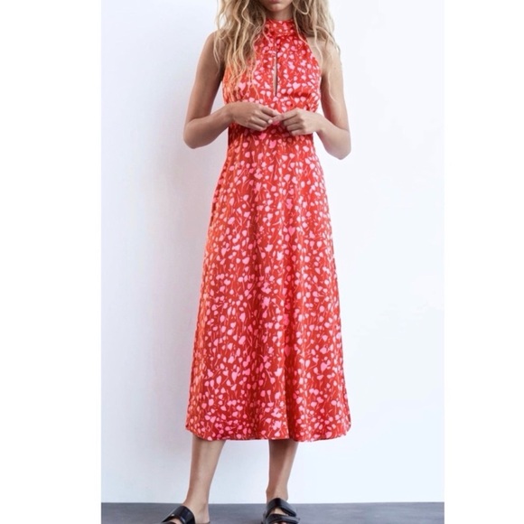 Zara Dresses & Skirts - Zara Red Floral Satin Effect Halter Neck Tie Back midi dress